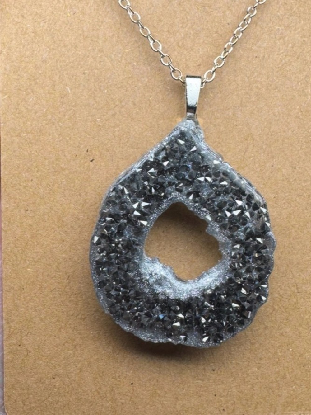 Gray Druzy Teardrop Pendant Necklace - Elegant Womens Jewelry